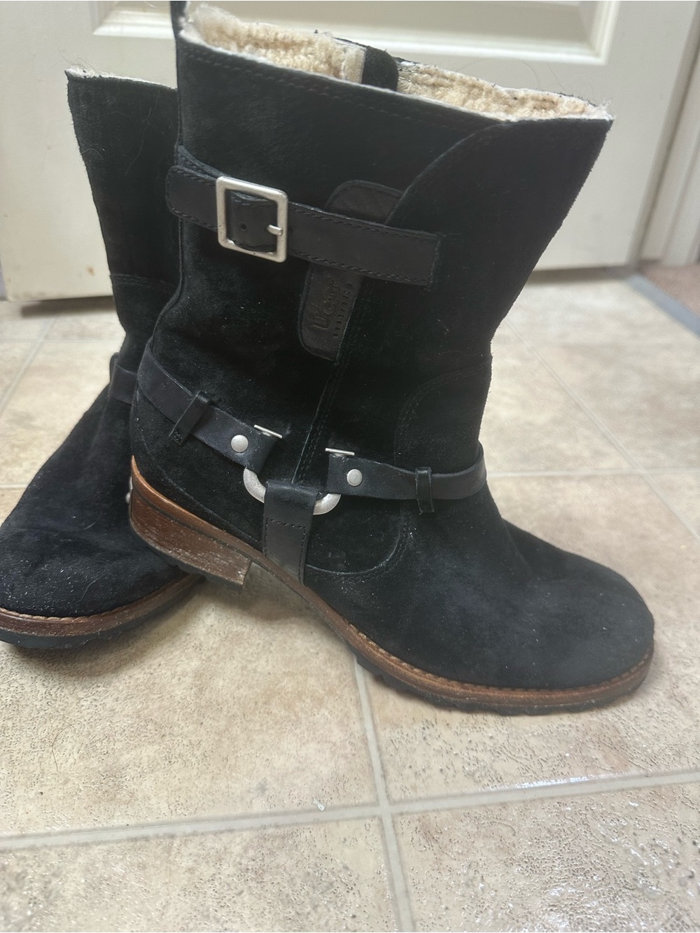UGG Endell Black Suede Shearling-Lined Women's Moto Boots